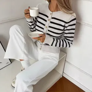 Dames gestreepte gebreide cardigan trui lange mouwen knopen mode stijlvol top