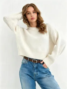 Women's casual loose knit sweater, cozy long sleeve crewneck pullover for autumn winter.