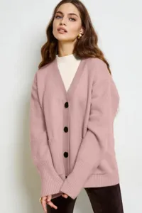 Cardigan de punto rosa para mujer cuello V manga larga abrigo jersey casual otoño invierno