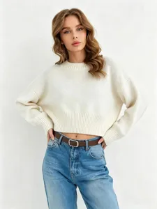 Cozy cream crop knit sweater for women, casual loose long sleeve basic pullover top.