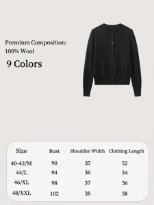 Detailansicht Größentabelle Damen schwarzer Strickjacke Pullover reine Wolle Oberteil.