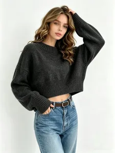 Women's casual dark grey knit crop sweater, long sleeve loose basic pullover top.