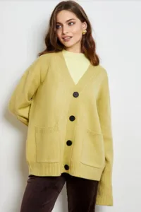 Cárdigan de punto amarillo para mujer con cuello en V, botones y bolsillos frontales diarios.