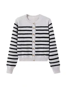 Dames grijs zwart gestreepte gebreide cardigan trui, casual lange mouwen top.