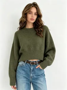Women autumn winter short knit sweater loose casual solid color long sleeve pullover