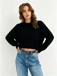 Women black cropped knit sweater autumn winter basic long sleeve pullover stylish apparel