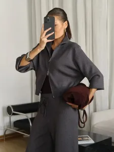 Chic dark grey knit zip-up sweater and wide-leg pants two-piece set for women autumn casual wear.