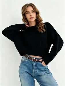 Black knitted sweater for women, casual autumn winter loose long sleeve basic pullover top.