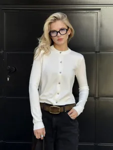 Damen weiße Strickjacke Knopf Cardigan schmaler Rundhalsausschnitt einfarbiger Pullover Mantel.
