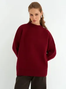 Maglione di maglia bordeaux dettaglio, morbido largo maniche lunghe accogliente inverno