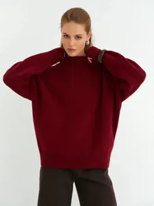 Maglione oversize casual da donna, top invernale autunnale a collo alto caldo, rosso vino.
