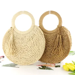 Borsa a Mano in Paglia Intrecciata Casual da Donna Borsa da Spiaggia Rotonda con Nappa Vacanza Estiva Elegante Borsa di Paglia