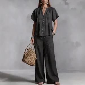 Women linen look V neck short sleeve blouse wide leg trousers casual set fashion apparel
