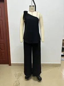 Women summer black one shoulder sleeveless top and wide leg pants matching outfit set