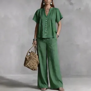 Women linen blend casual short sleeve V-neck top and wide leg pants matching lounge set.