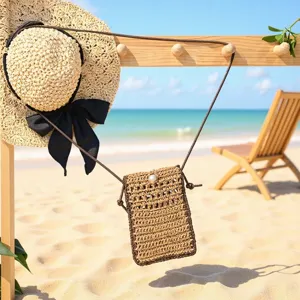 Woven Straw Crossbody Phone Bag Summer Beach Small Square Purse Casual Shoulder Handbag