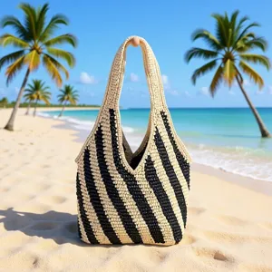 Sac à Bandoulière Décontracté Rayé en Paille Tissée Grande Capacité Sac Cabas en Corde de Papier Sac à Main de Vacances pour Femmes