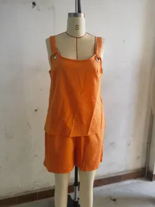 Été femmes solide orange sans manches haut et short ensemble deux pièces tenue chic 2026