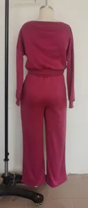 Women solid color knit sweatshirt pants set, casual off-shoulder long sleeve detail.