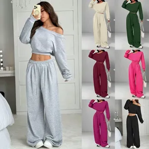 Casual off-shoulder knit top and wide-leg pants set, detailed view showing multi colors.