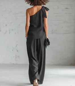 Summer womens one shoulder sleeveless top and wide leg pants two piece set black casual outfit