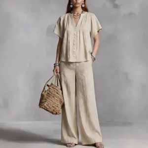 Detail view of a women's linen-like V-neck casual set, perfect for beach vacation and daily wear.