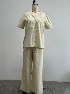 Women's casual short sleeve V-neck top and pants linen-feel loungewear summer set.