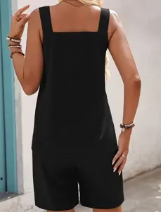 Ensemble deux pieces haut et short uni sans manches pour femme, tenue de ete decontractee.