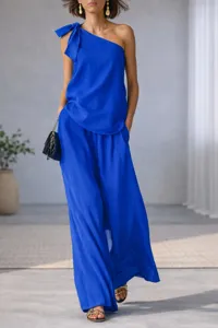 Royal blue sleeveless one-shoulder top and wide-leg trousers set for women summer.
