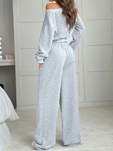 Grey off-shoulder sweatshirt and wide-leg sweatpants casual loungewear set for women.