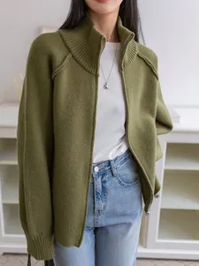 Olive green knit zip-up cardigan sweater coat, featuring a high collar and relaxed fit detail.