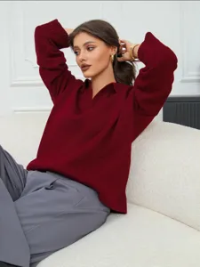 Damen burgunderroter Strickpullover mit Polokragen langarm lässiger Pullover für den Herbst