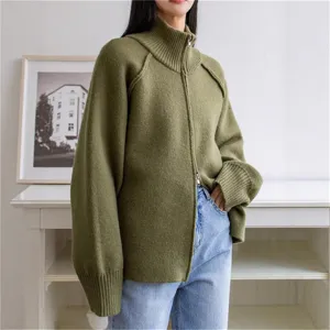 Women olive green knit zip cardigan sweater, casual loose high neck knitwear top.