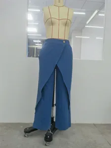 Blaue Leinen Weites Bein Hosen für Damen, stilvoll Wickel Front High Waist Sommer Hose.