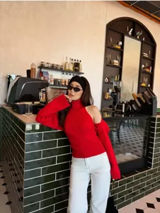 Women autumn knitwear set halter turtleneck long sleeve sweater two-piece outfit chic casual