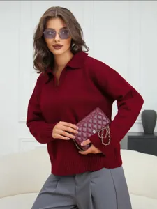 Damen weinrot lose Strick Polo Pullover Herbst Winter Freizeit langarm Oberteil neu