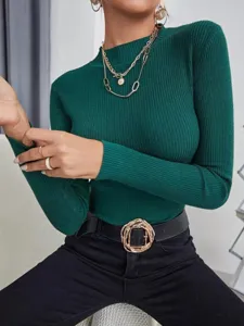 Women's dark green ribbed knit mock neck slim fit long sleeve sweater for autumn and winter.