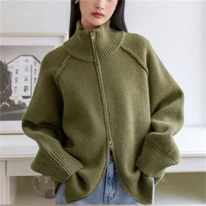Olive green zip-up knit cardigan sweater featuring a cozy high collar and relaxed fit style.