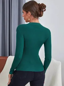 Women's dark green ribbed knit slim fit long sleeve top detail view, soft autumn winter sweater.