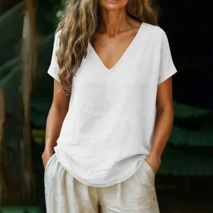 Women casual loose cotton linen short sleeve V-neck solid color pullover top summer t-shirt