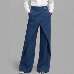 Damen blaue Leinen weite Beinhosen hohe Taille Wickel Front lässige Mode Stil chic