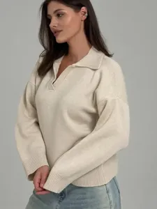 Beiger Strickpullover für Damen, stilvoller Reverskragen und lange Ärmel für den Alltag.