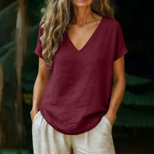 Casual loose V-neck short sleeve blouse for women, comfortable summer linen blend top.
