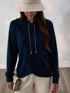 Casual navy blue German velvet hoodie with drawstring and irregular hem for women.