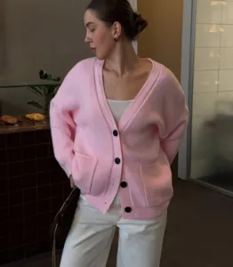 Women's pink V-neck button-up knit cardigan, casual cozy thick long sleeve sweater coat.