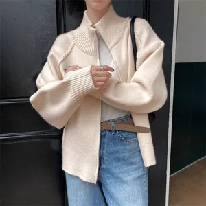 Women's casual zip-up knit cardigan sweater jacket, comfortable loose fit and stylish daily wear.