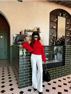 Women autumn knitwear set red halter top long sleeve shawl sweater and white wide leg pants