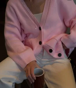 Women pink knit cardigan V-neck single breasted sweater casual long sleeve outerwear