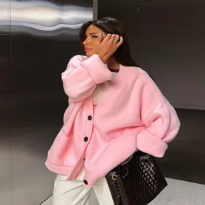 Women pink oversized knit cardigan sweater V-neck single-breasted cozy winter outerwear
