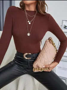 Women autumn winter slim fit ribbed knit sweater elegant long sleeve turtleneck top detail